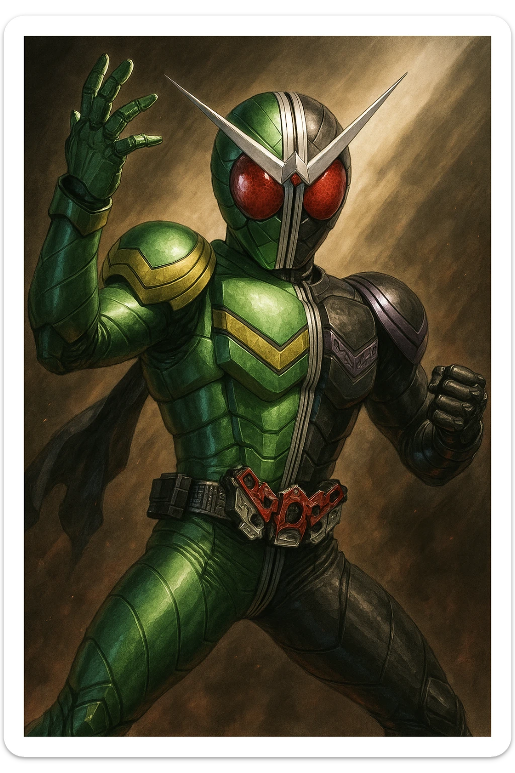 Kamen Rider W, half green and half black masked hero, dynamic pose, tokusatsu style sticker