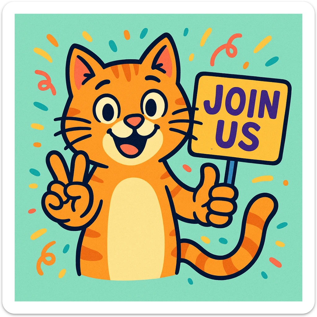 A cartoon cat with expressive paws forming hand signs, next to a sign that reads 'Join us', cheerful and welcoming, colorful and fun style. sticker