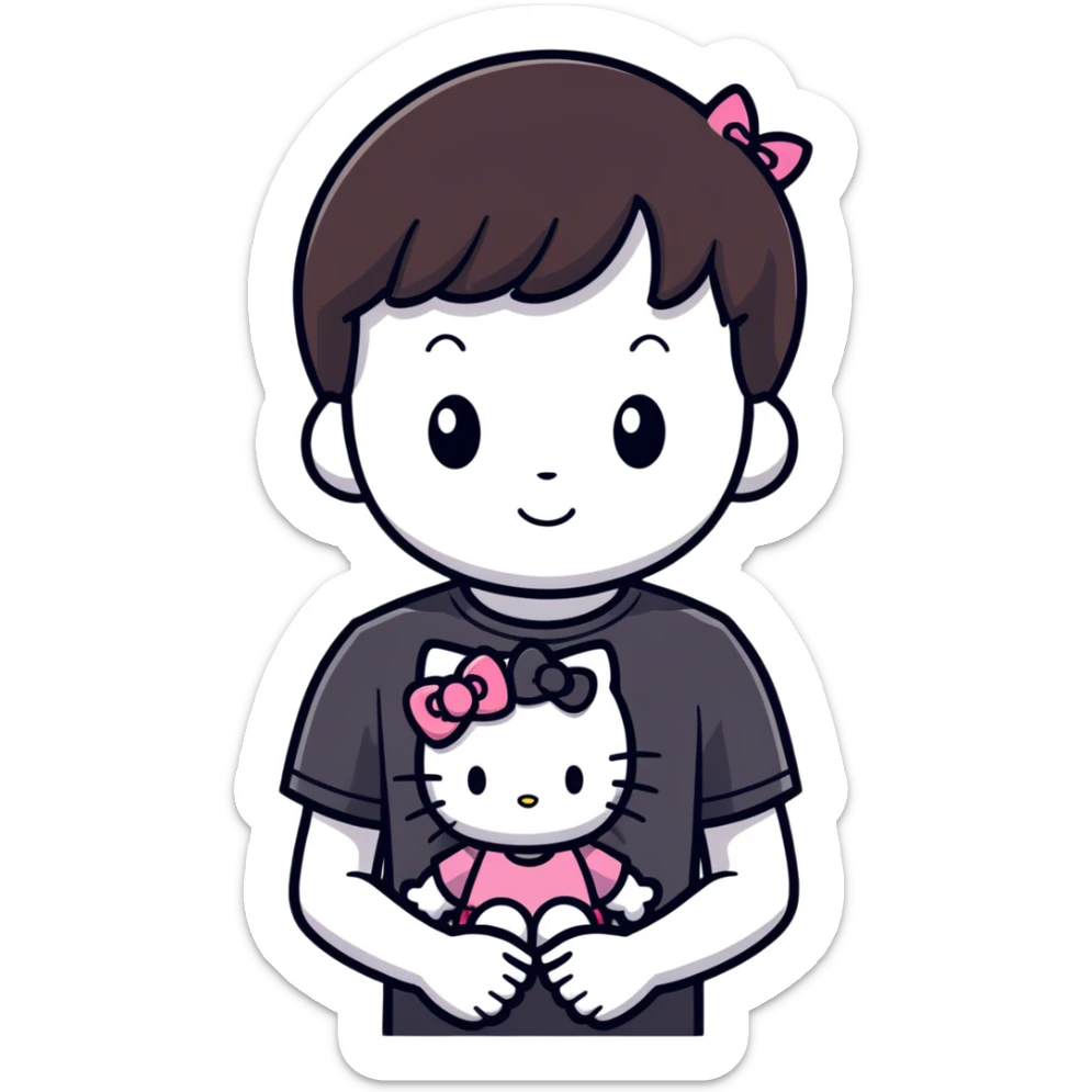 Brunette big brother with a ghost face tee shirt on with his little brunette sister by his side and she is wearing a hello kitty shirt sticker