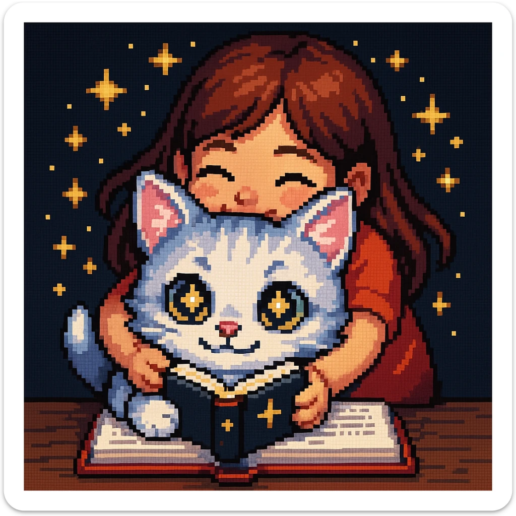 A kitten sitting at a table holding a book with stars in its eyes, and a girl hugging him from behind, pixel art style. sticker