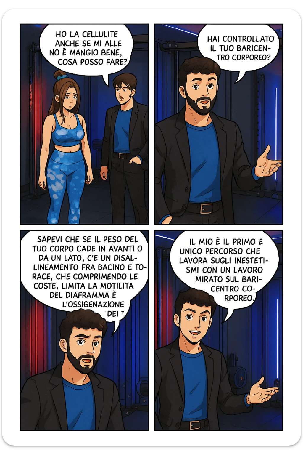 TRASFORMA QUESTO CAROSELLO IN UN FUMETTO STILE MANGA A COLORI CON QUESTE DUE PERSONE IDENTICHE CHE INTERLOQUISCONO TRA LORO:

LEI: Ho la cellulite anche se mi alleno e mangio bene, cosa posso fare?

LUI: Hai controllato il tuo baricentro corporeo?
LUI: Sapevi che se il peso del tuo corpo cade in avanti o da un lato, c’è un disallineamento fra bacino e torace, che comprimendo le coste, limita la motilità del diaframma e l’ossigenazione dei tessuti?
LUI: Il mio è il primo e unico percorso che lavora sugli inestetismi con un lavoro mirato sul baricentro corporeo. sticker