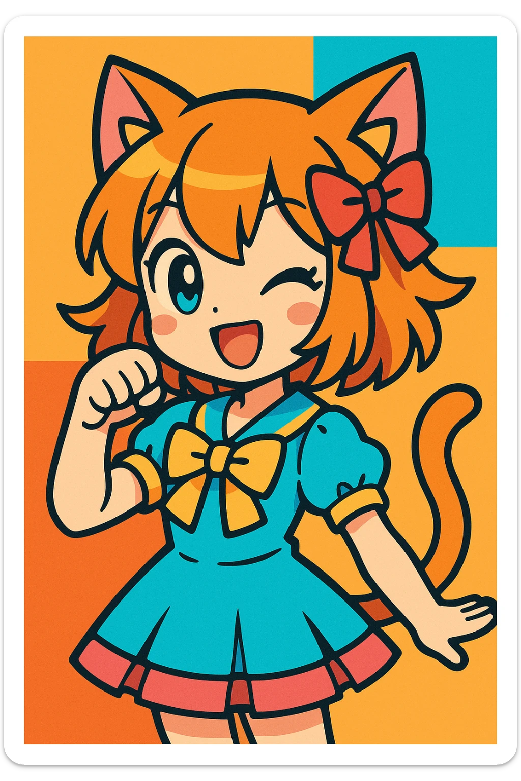 anime catgirl, vibrant colors, large expressive eyes, cat ears, playful pose, detailed hair, cute outfit sticker