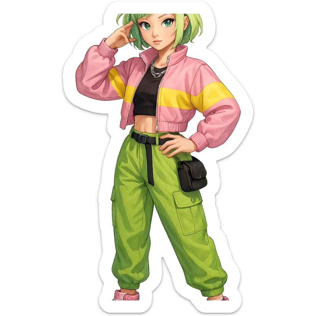 Fluttershy reimagined as a human K-pop idol with short pastel green hair, streetwear-inspired trendy outfit, confident pose, transparent background sticker
