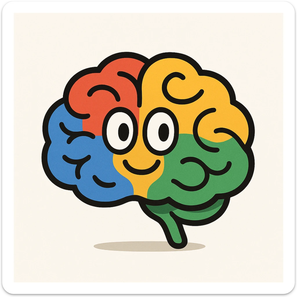 brain icon with Google's four signature colors blue red yellow green, playful and simple, white background sticker