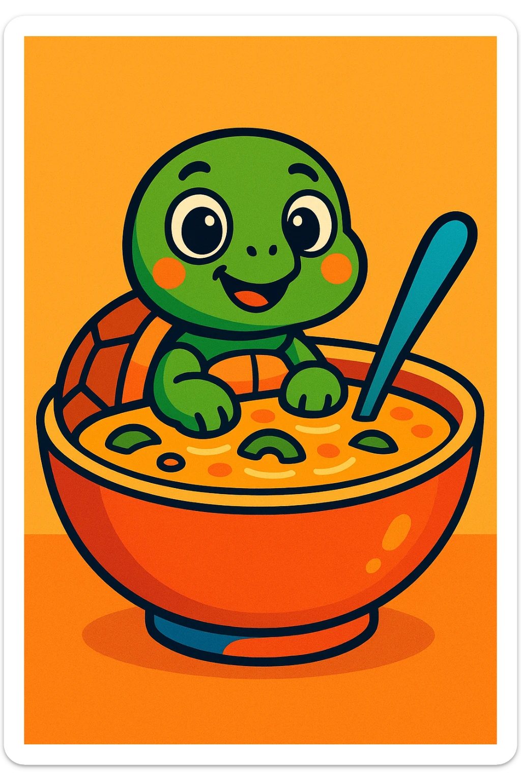 a cartoon turtle sitting in a soup bowl, playful and cute, bright colors sticker