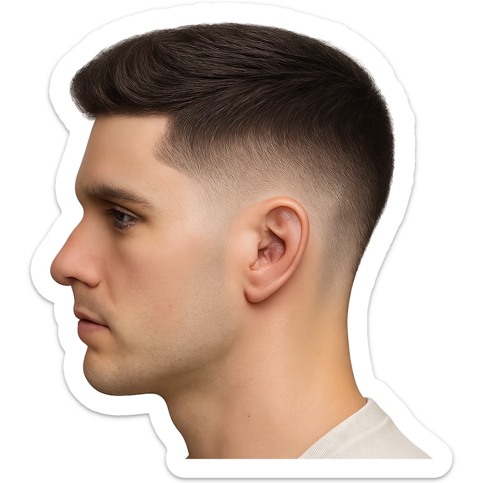 head with a low taper fade haircut, realistic hair texture, clean lines, modern barbered look sticker
