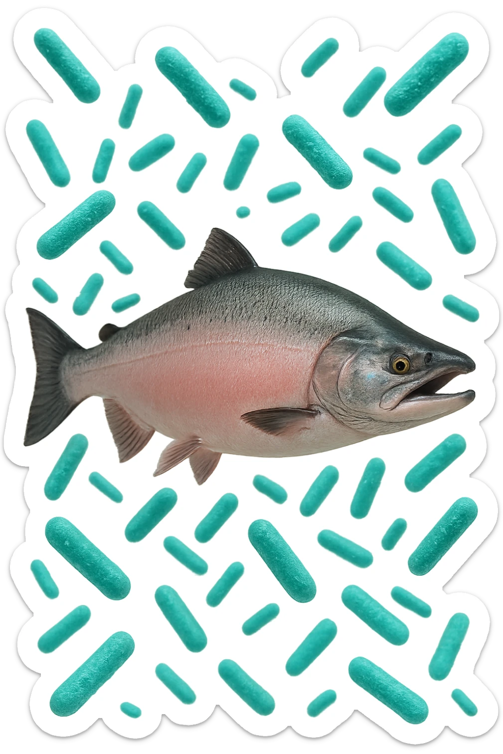 batteri intestinali rosa salmone e turchesi fluttuano in aria, iperrealistici 4k sticker