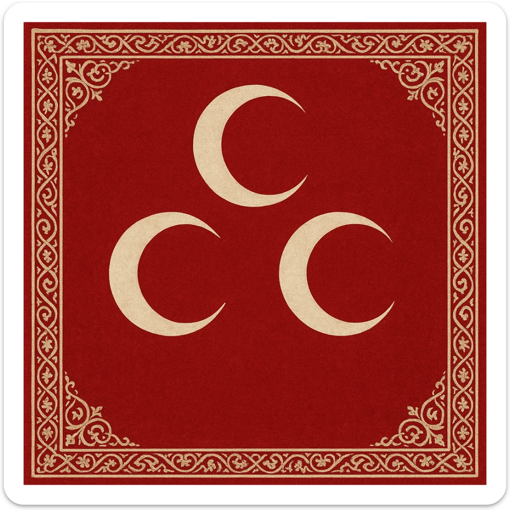 Red background Ottoman Empire flag with three white crescents, traditional motifs, historical and authentic design sticker