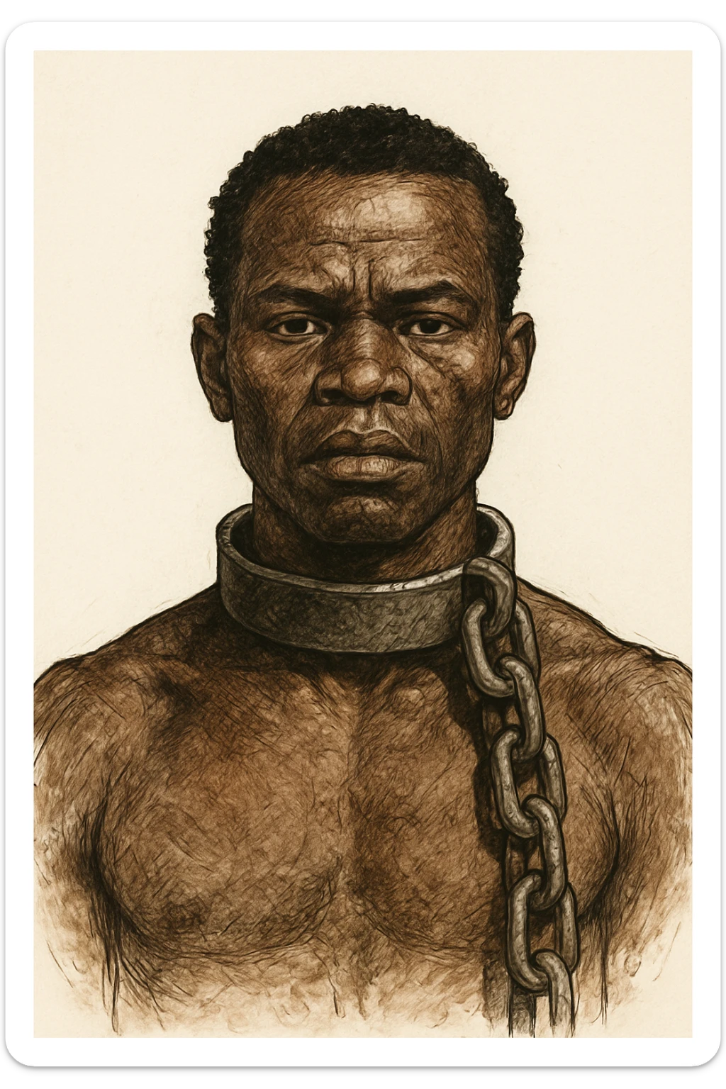 Сгенерируй мне в чуть рисованном стиле африканского раба, и на шее у него оковы с цепью, он смотрит четко прямо без эмоций. На белом фоне sticker