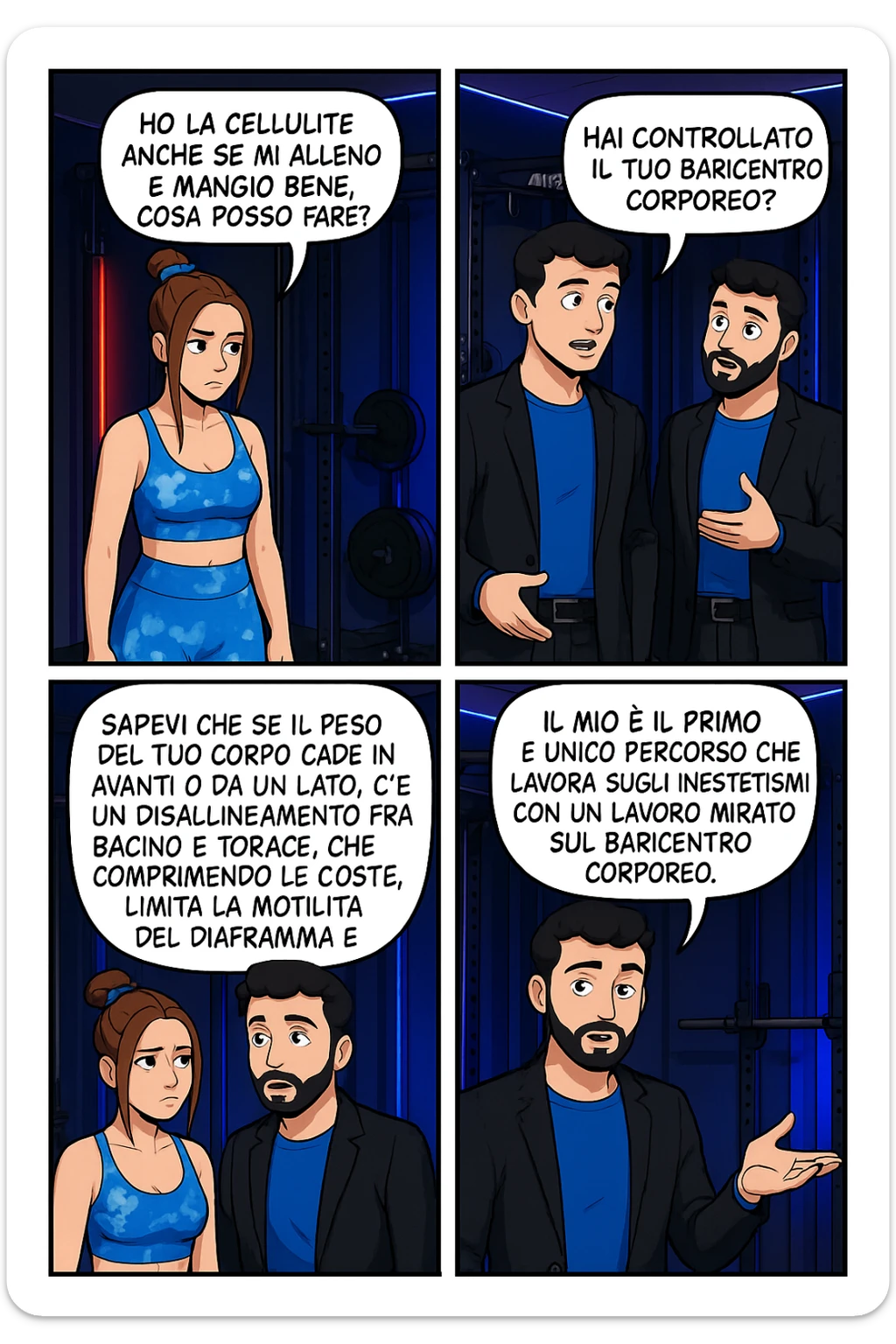 TRASFORMA QUESTO CAROSELLO IN UN FUMETTO CON QUESTE DUE PERSONE IDENTICHE CHE INTERLOQUISCONO TRA LORO:

LEI: Ho la cellulite anche se mi alleno e mangio bene, cosa posso fare?

LUI: Hai controllato il tuo baricentro corporeo?
Sapevi che se il peso del tuo corpo cade in avanti o da un lato, c’è un disallineamento fra bacino e torace, che comprimendo le coste, limita la motilità del diaframma e l’ossigenazione dei tessuti?
Il mio è il primo e unico percorso che lavora sugli inestetismi con un lavoro mirato sul baricentro corporeo. sticker