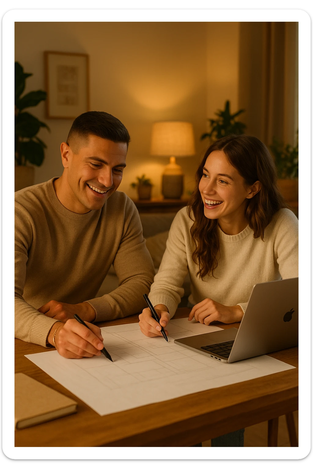 a man and woman work together on a project at home, with the man offering guidance and the woman actively participating and contributing ideas. Their expressions show teamwork and satisfaction, highlighting the benefits of collaboration and shared leadership. The setting is warm and inviting. sticker