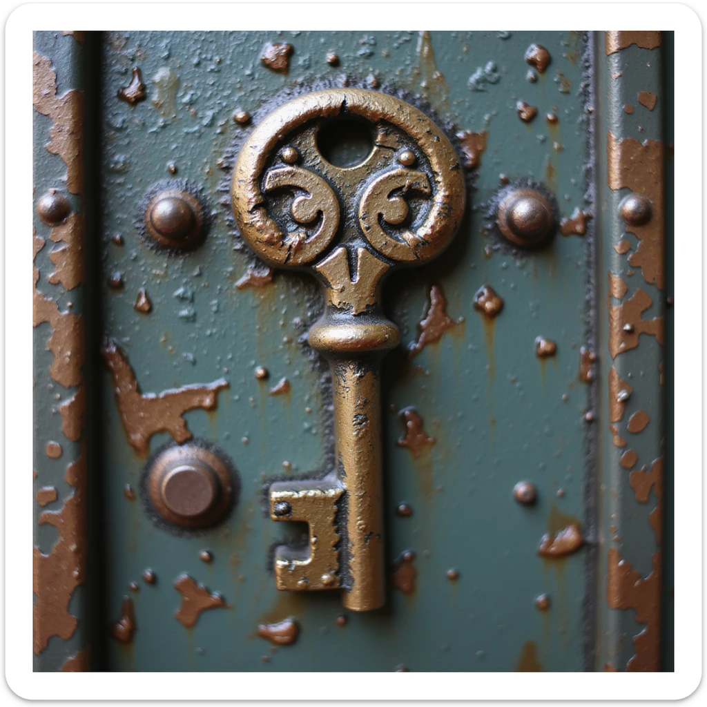 90s retro key, grunge style, oxidized and scratched metal, realistic details, isolated on white background, hyperrealistic, 4K, variant 3 sticker