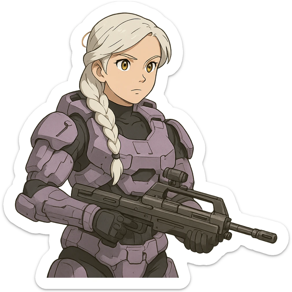 female, wearing reach spartan armor default, long white braid hair, gold yellow eyes, attention pose, halo series, no helmet, the armor is lavender color scheme, shoulder pad off. DDD bust size fitting. Punk gothic cyberpunk, brandishing a dmr sticker
