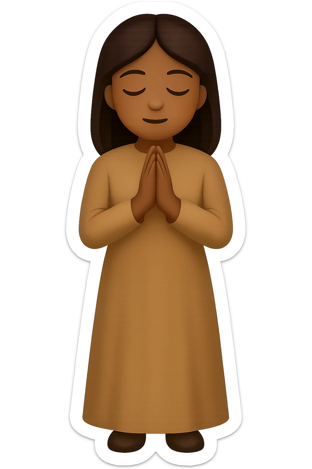Show the woman standing and praying from the front view, wearing a long tan dress, with dark brown hair, in emoji style. Remove the background. sticker