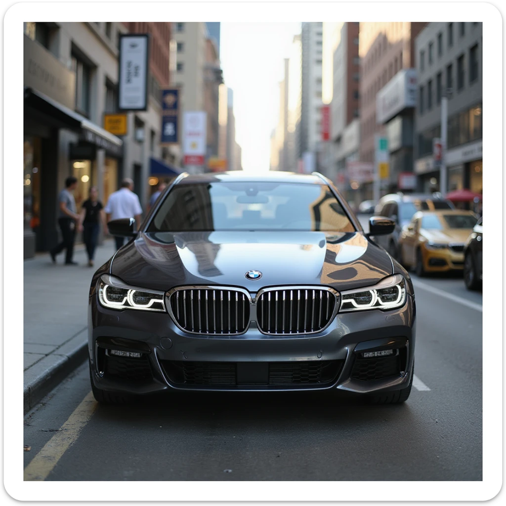BMW Series 7 2022 in a bustling urban environment, realistic details, photorealistic style sticker
