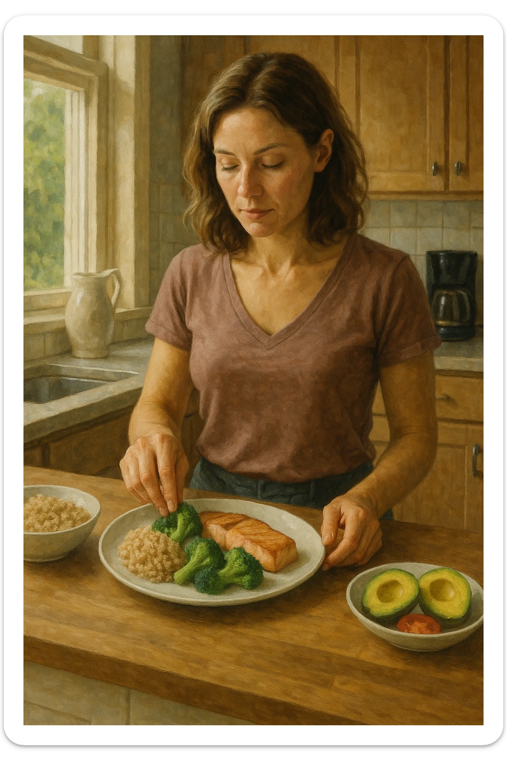 realistic style of a woman in the kitchen composing a fit and balanced plate with distinct portions of carbohydrates, proteins, and fats, natural light, aspect ratio 2:3 sticker