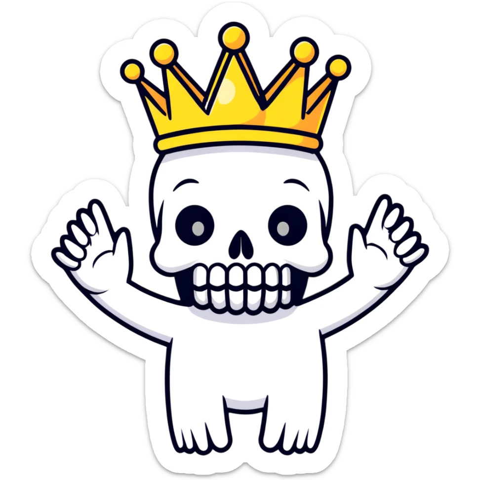 shocked skull with crown, hands raised to head in disbelief, black and white sticker