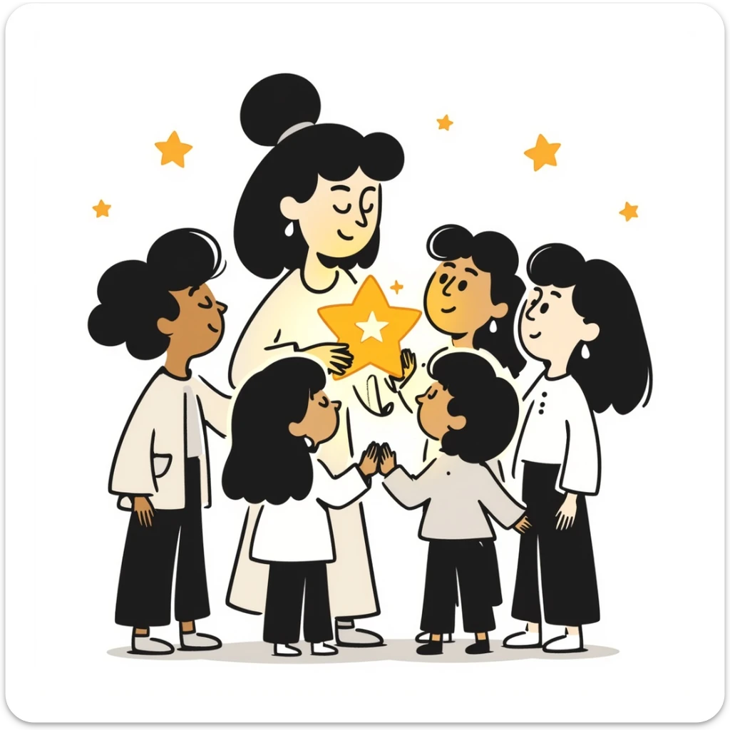 hand-drawn warm illustration of a kind teacher holding a glowing star, with students gathered around, feeling safe and inspired sticker
