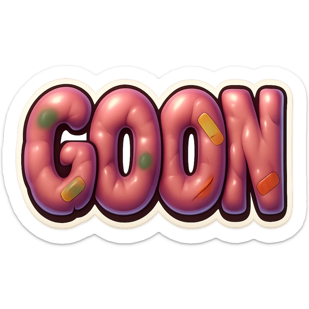 The word GOON with amorphous, glossy, blobby muscle shapes under the skin, with small adhesive bandages, greenish bruises, and comic-style scrapes. Retro sticker style, no background. sticker