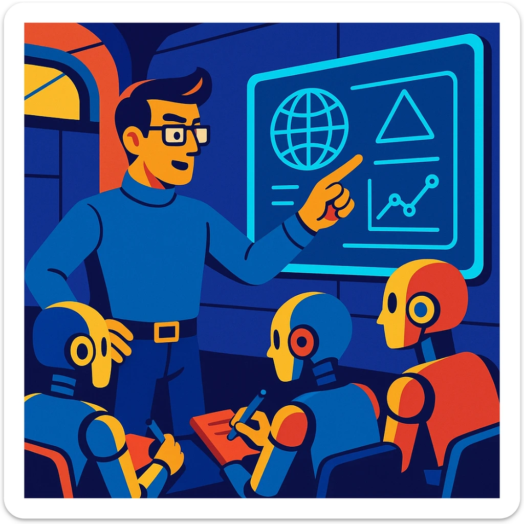 A futuristic classroom scene with a human teacher pointing at a holographic blackboard while androids take notes sticker