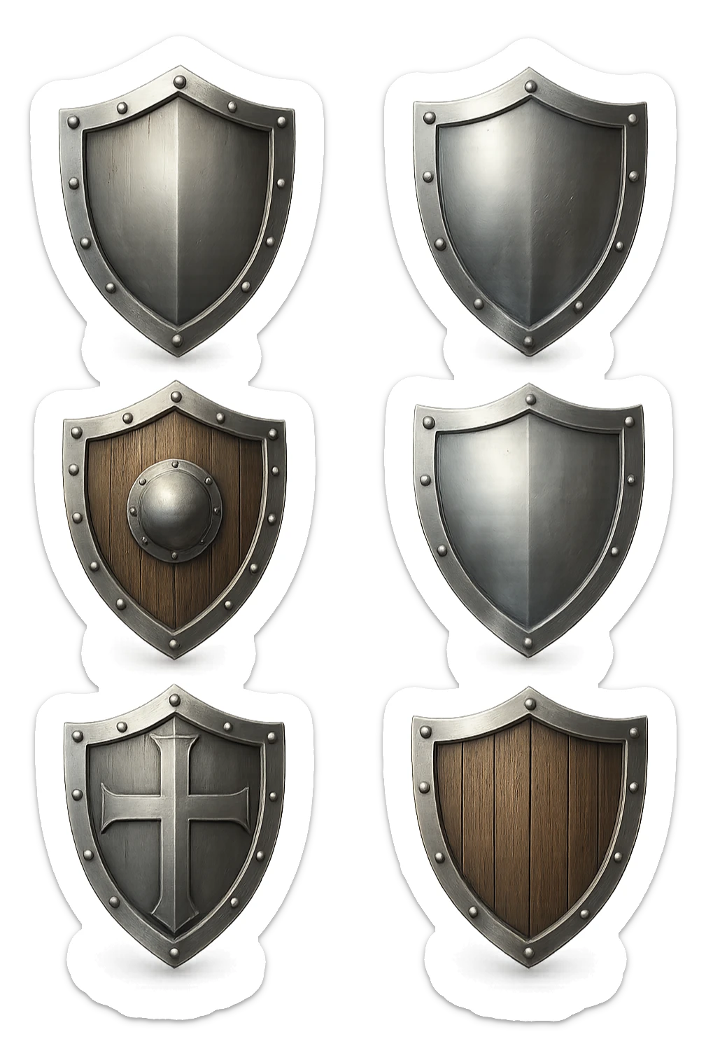6 scudi 3d che simboleggiano "difesa e protezione", realistici in 3d fluttuano in aria, iperrealistico 4k sticker