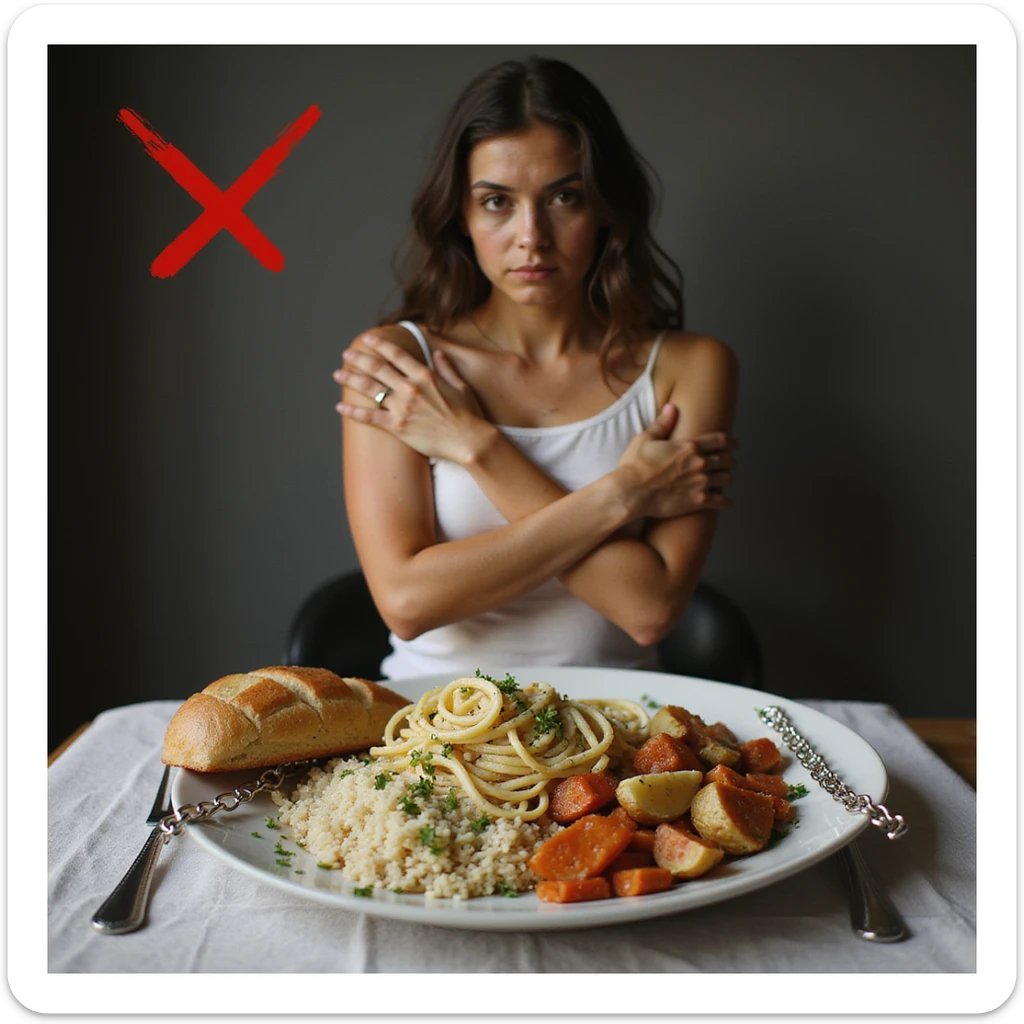 realistic style woman crossing arms and looking away rigidly from a plate with bread, pasta, rice, and potatoes, symbols including a red Italian X and chains, atmosphere of refusal, Italian text if present sticker
