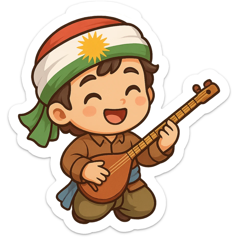 cartoon Kurdish person playing daf or tanbur, colorful and cheerful, no text, suitable for WhatsApp and Instagram sticker, transparent background sticker