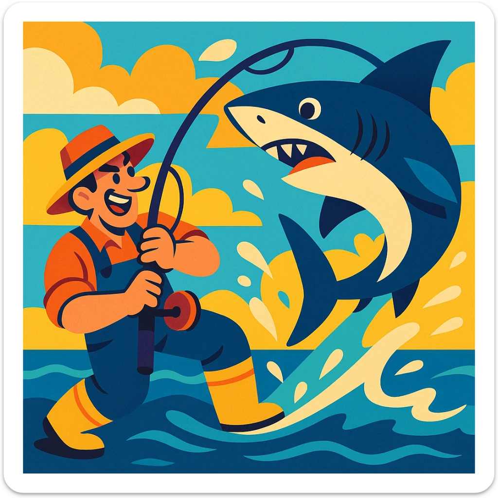 a fisherman gripping a pole, reeling in a shark, dynamic and colorful illustration sticker