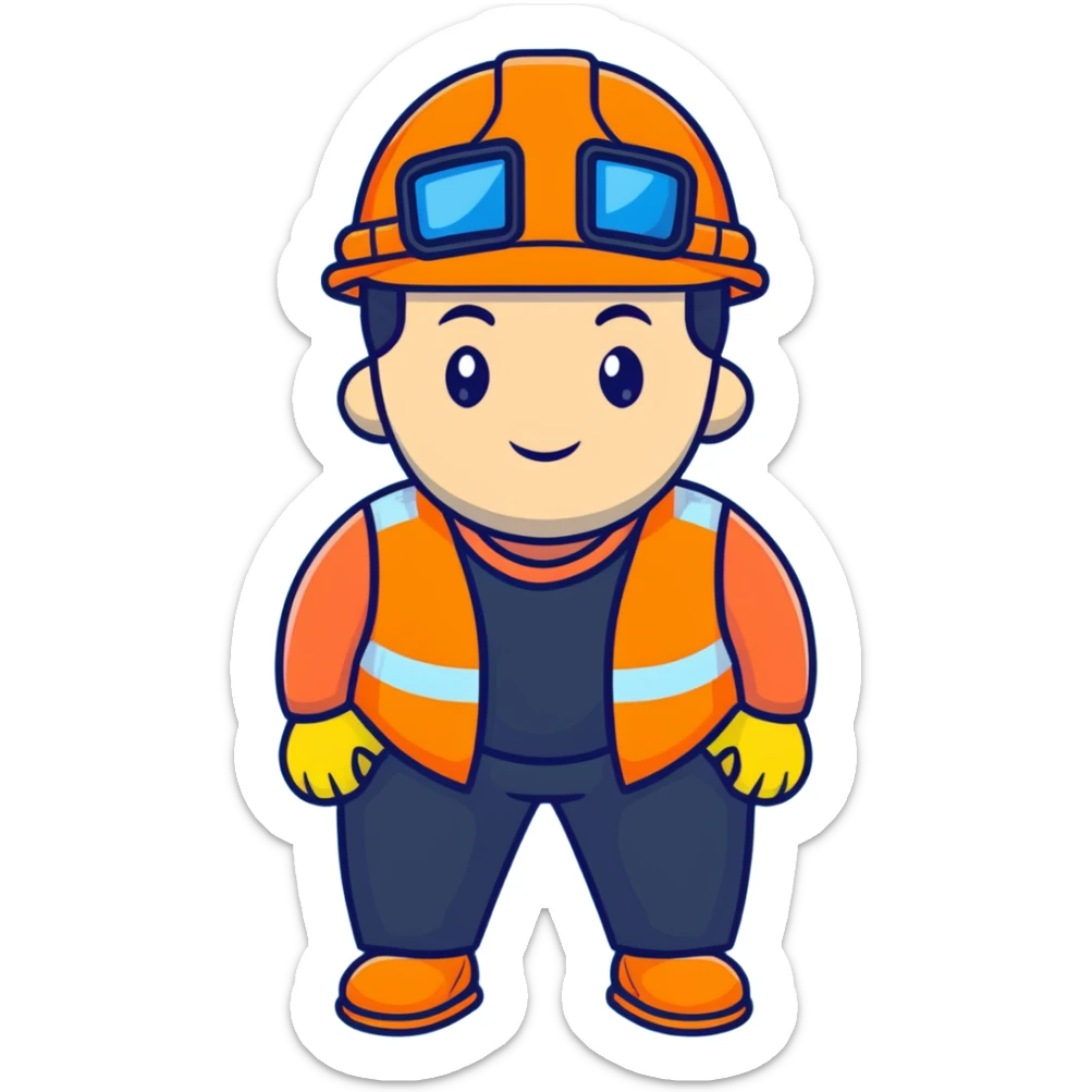 Chinese man wearing orange safety helmet and high visibility vest sticker
