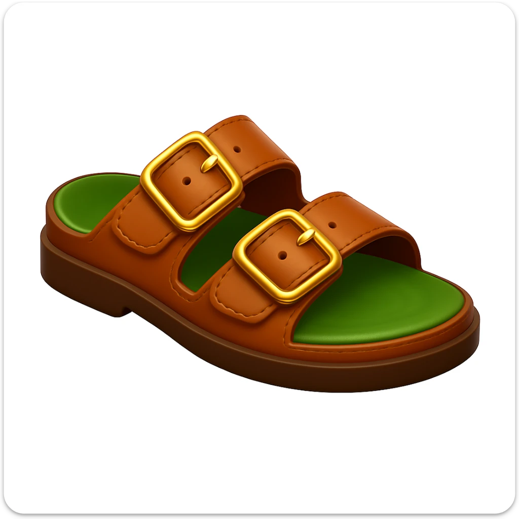Keep the image exactly the same, just make the sole of the shoe brown. The style is iOS emoji style, 3D, shiny, smooth gradients, soft shadows, realistic brown sandal with straps, classic emoji look. sticker