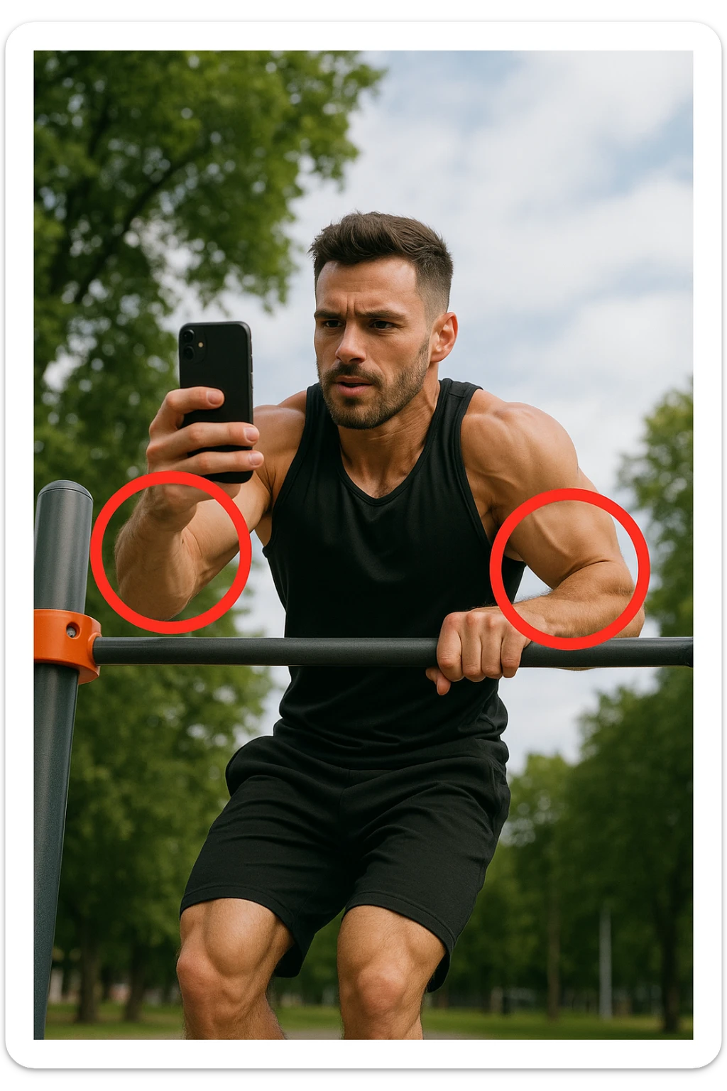 uomo che fa Muscle up e si sta filmando davanti con il telefonino per vedere la sua posizione dei gomiti e delle mani sulla sbarra, fai dei cerchi per indicara i gomiti sticker