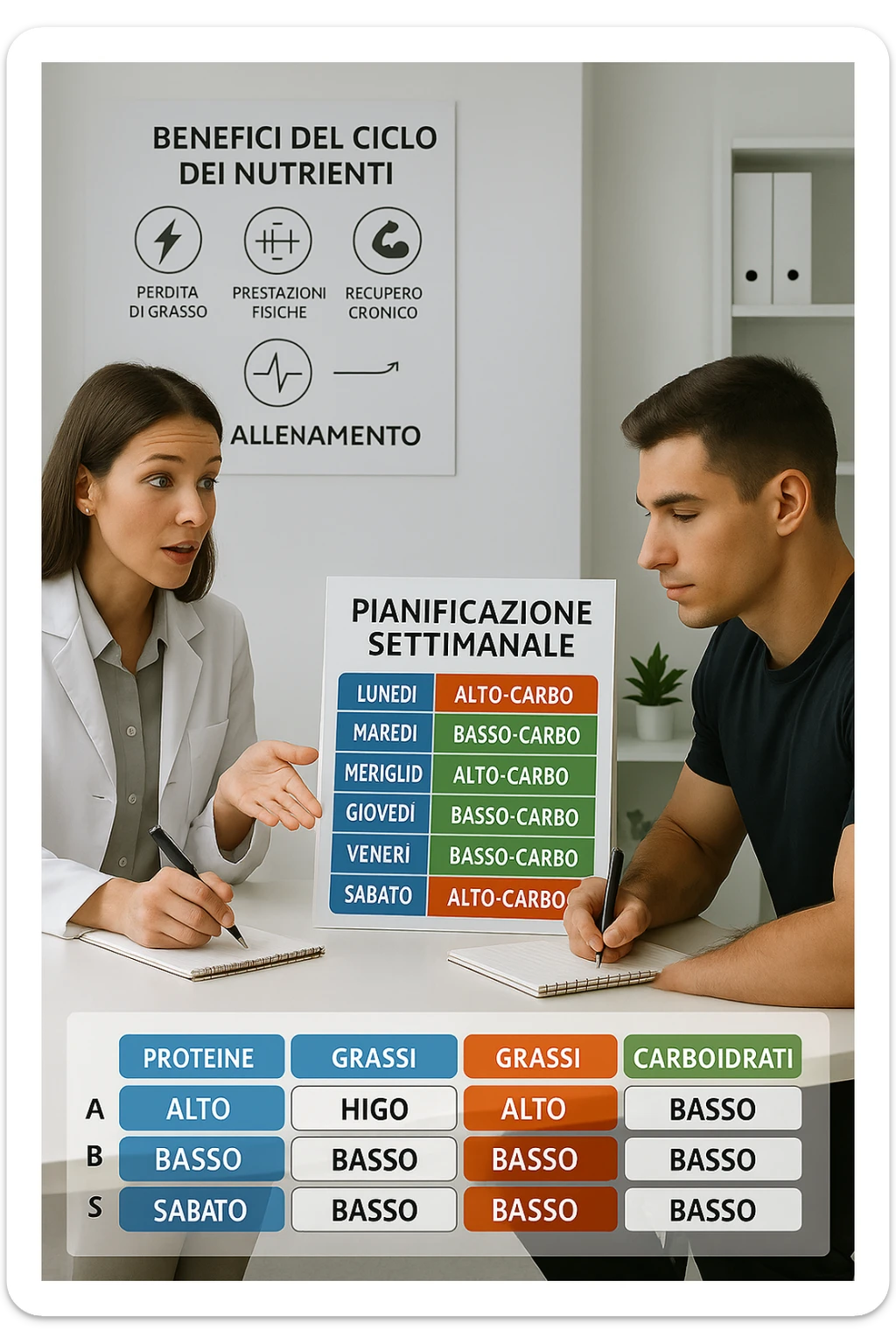 a nutritionist explains to an athlete how to cycle macronutrients for fat loss and training. On the desk, a weekly meal planner shows alternating high-carb and low-carb days, with color-coded sections for proteine, grassi, and carbo. The athlete takes notes, and a chart in the background illustrates the benefits of nutrient cycling. The mood is professional and educational. scritto in italiano sticker