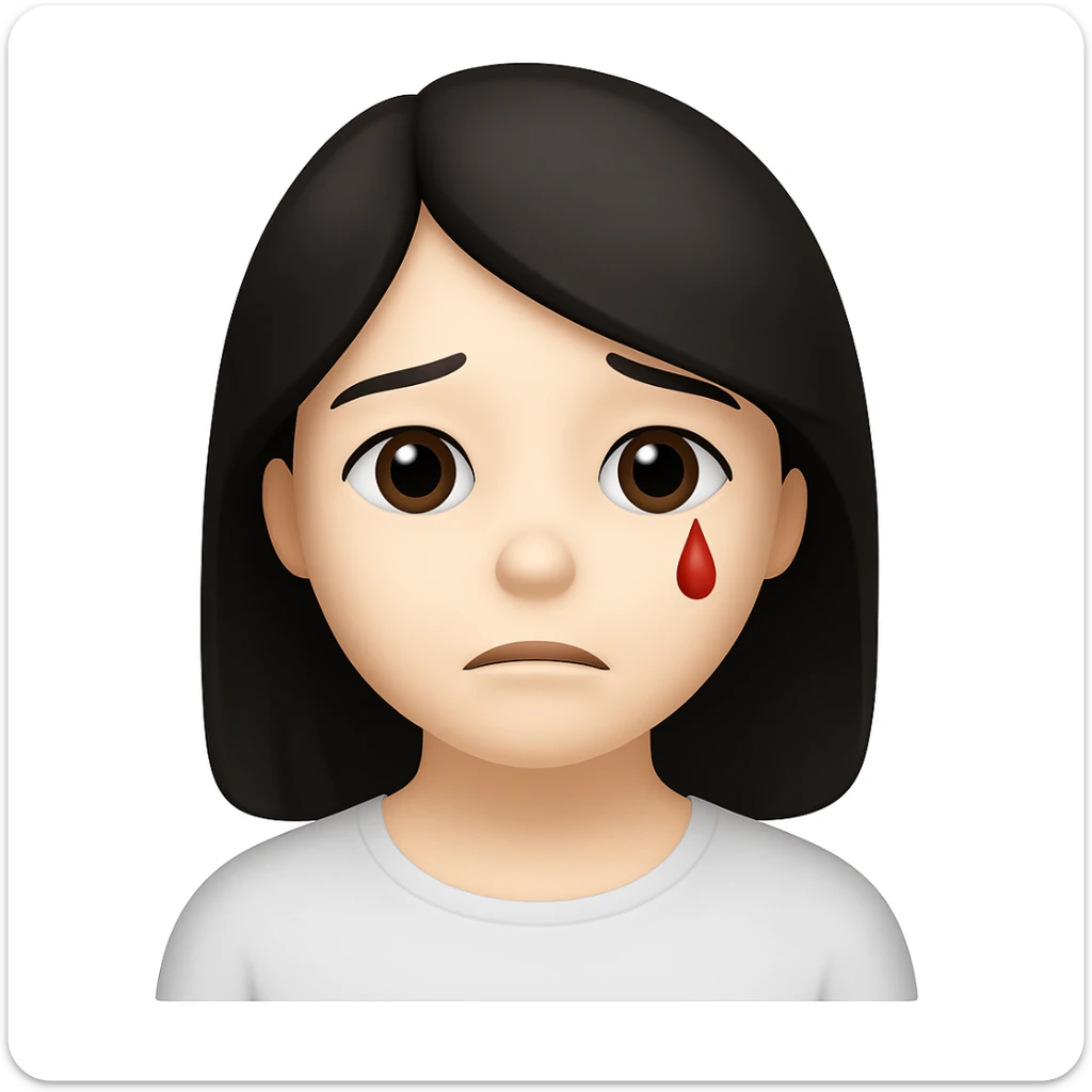 Make the character look like the official Apple emoji style. Replace the lots of blood with a single small red tear. Keep her pale skin, black straight hair, and a subtle sad expression. The style should mimic the Apple emoji style closely. sticker