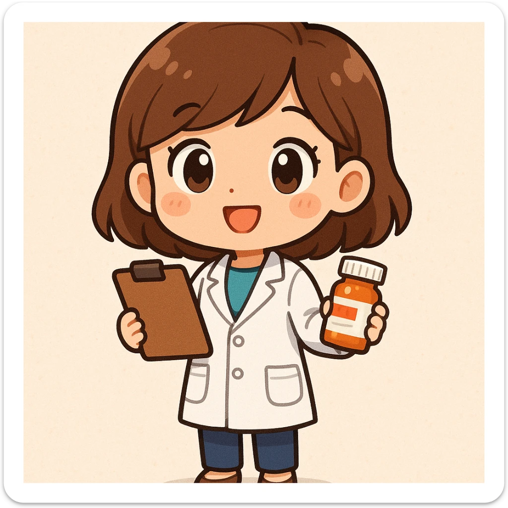A chibi style young female pharmacist with brown hair, wearing a white coat, holding a clipboard and a pill bottle, with a bright and friendly expression, full body, cute and colorful illustration. sticker