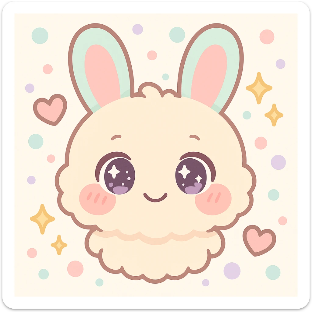 kawaii chibi-style bunny emoji with shy mood, round fluffy face, sparkly eyes, blushing cheeks, pastel color palette, soft rounded design, anime-style, sparkles and hearts, vector art, transparent background sticker