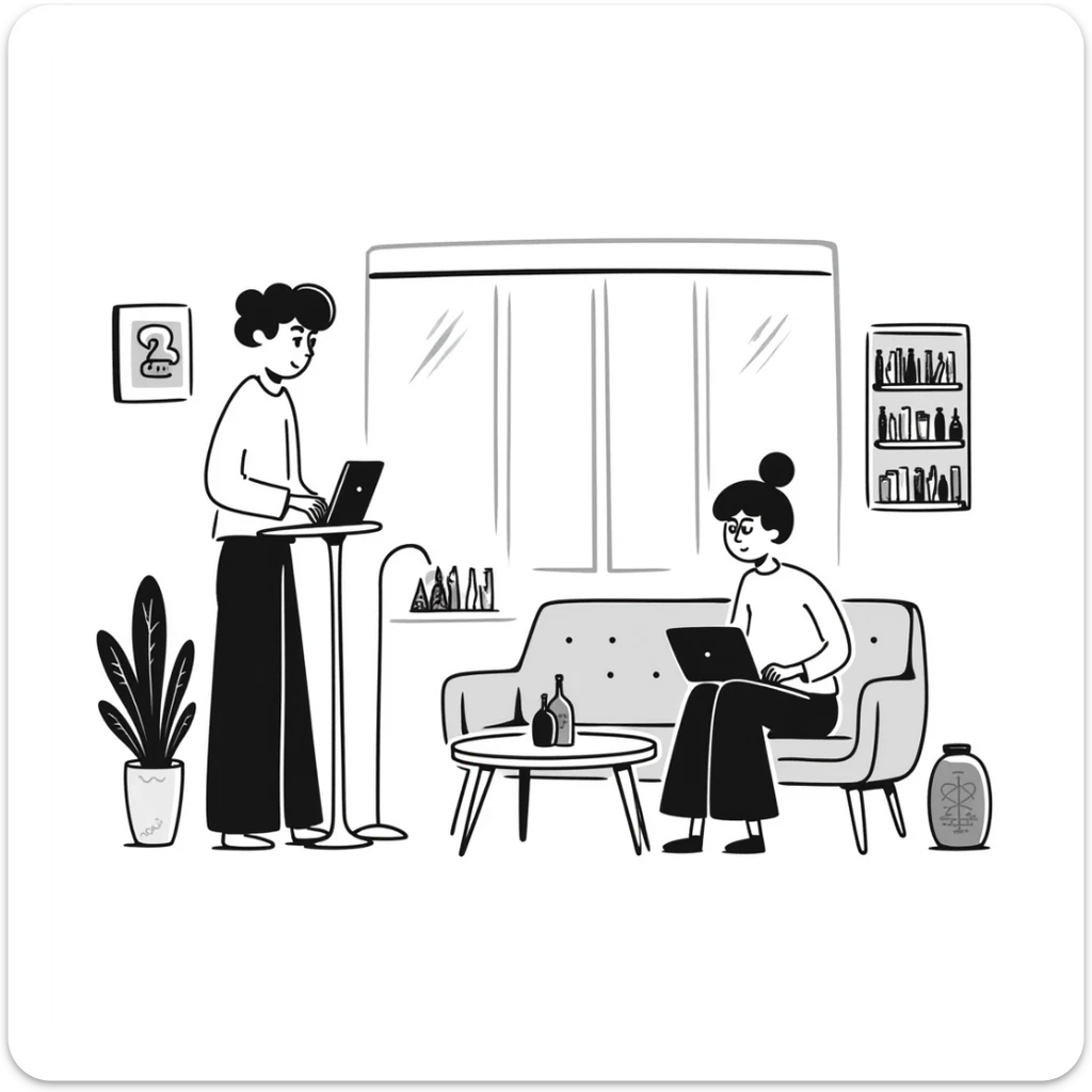 escenary 3d of a cozy mid-century living room with two people working on laptops, one man standing at a desk and one woman sitting on a couch, two walls and floor visible sticker