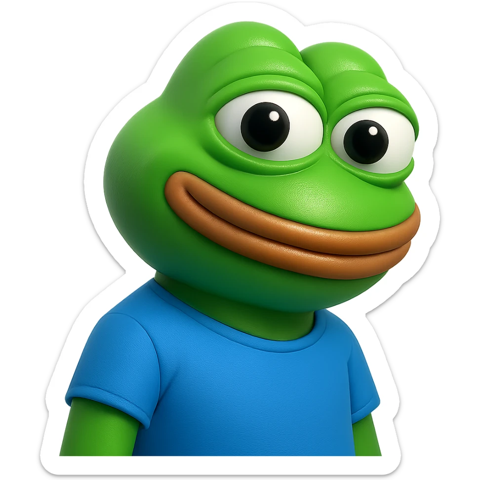 pepe in
- 3d style
- bright green
- blue shirt
- smiling
- looking straight at the camera
- good highlights and shadows
- 30deg angled towards the right
- 20% inset padding sticker
