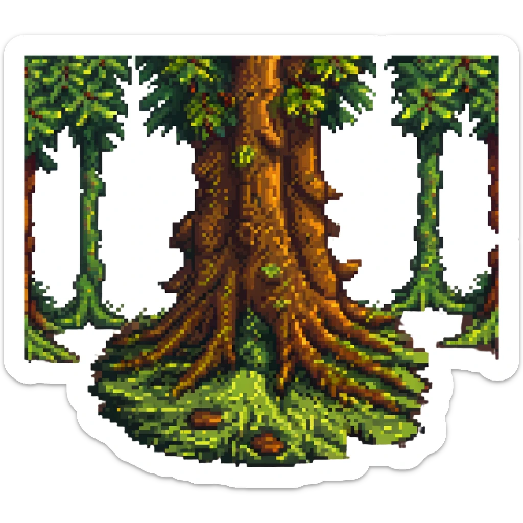 moss at the bottom of a tree trunk, pixel art style, blocky shapes, vibrant green and brown palette sticker