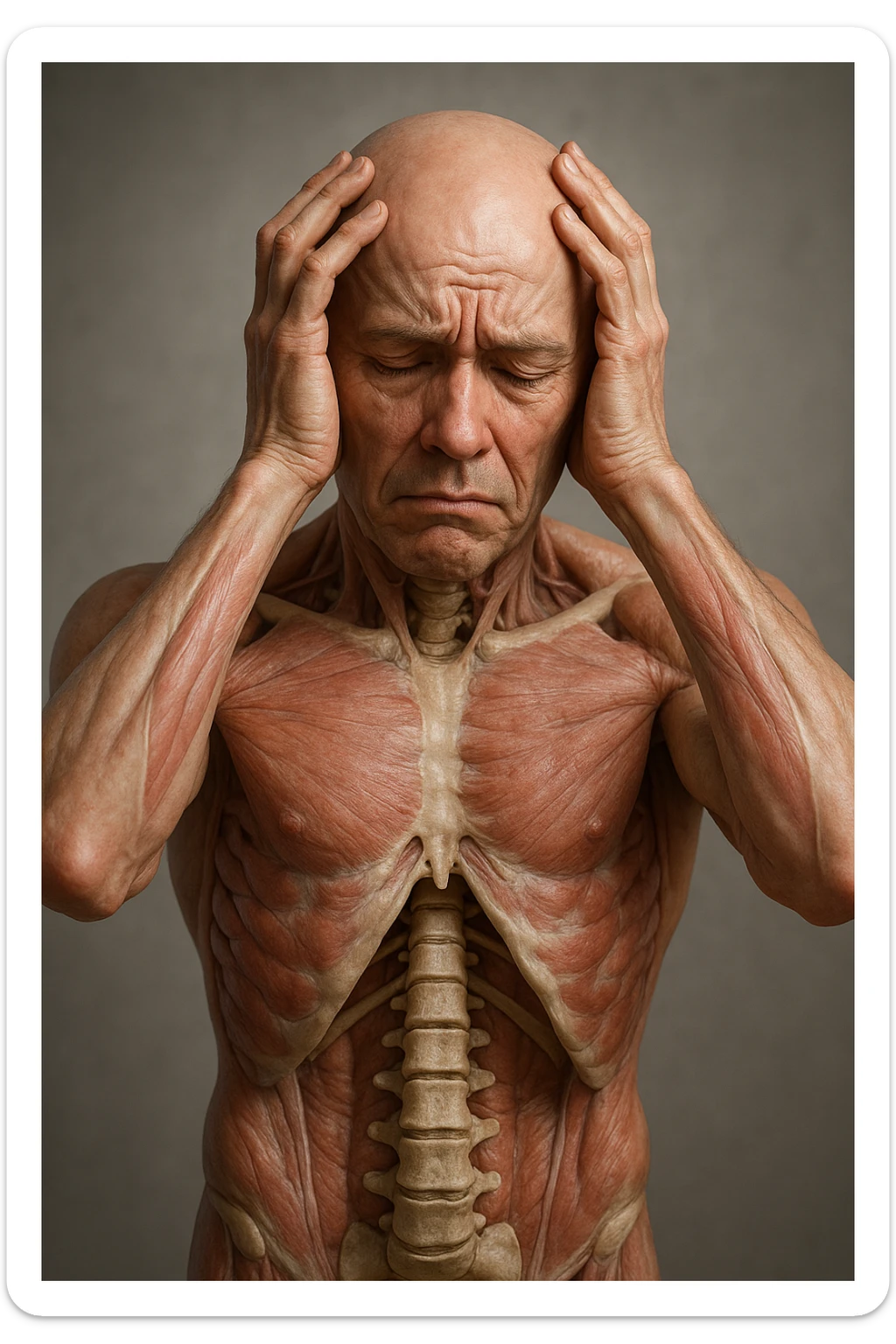 CORPO UMANO ANATOMICO con spina dorsale in evidenza, molto stanca e stressata mentre si tiene le mani sulla testa, IPERREALISTICO 4K sticker