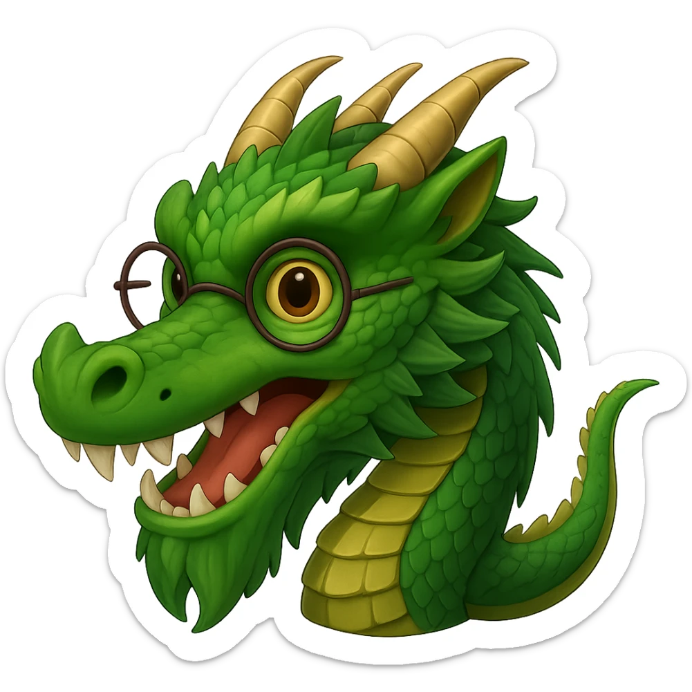 Add small round glasses to the venerable dragon for a wise look in emoji style with no background. sticker