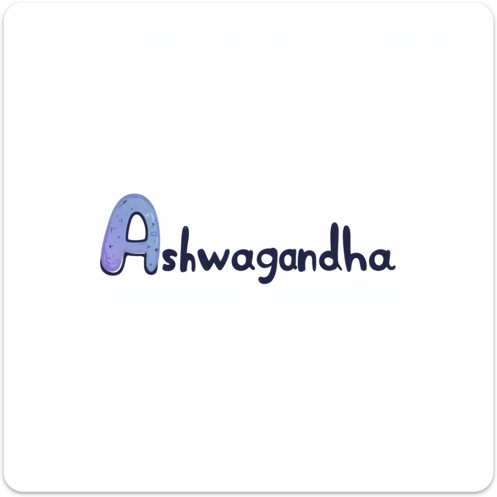 The word "Ashwagandha" hand-drawn in a cool blue and purple color palette. Simple doodle style with minimal decoration. sticker