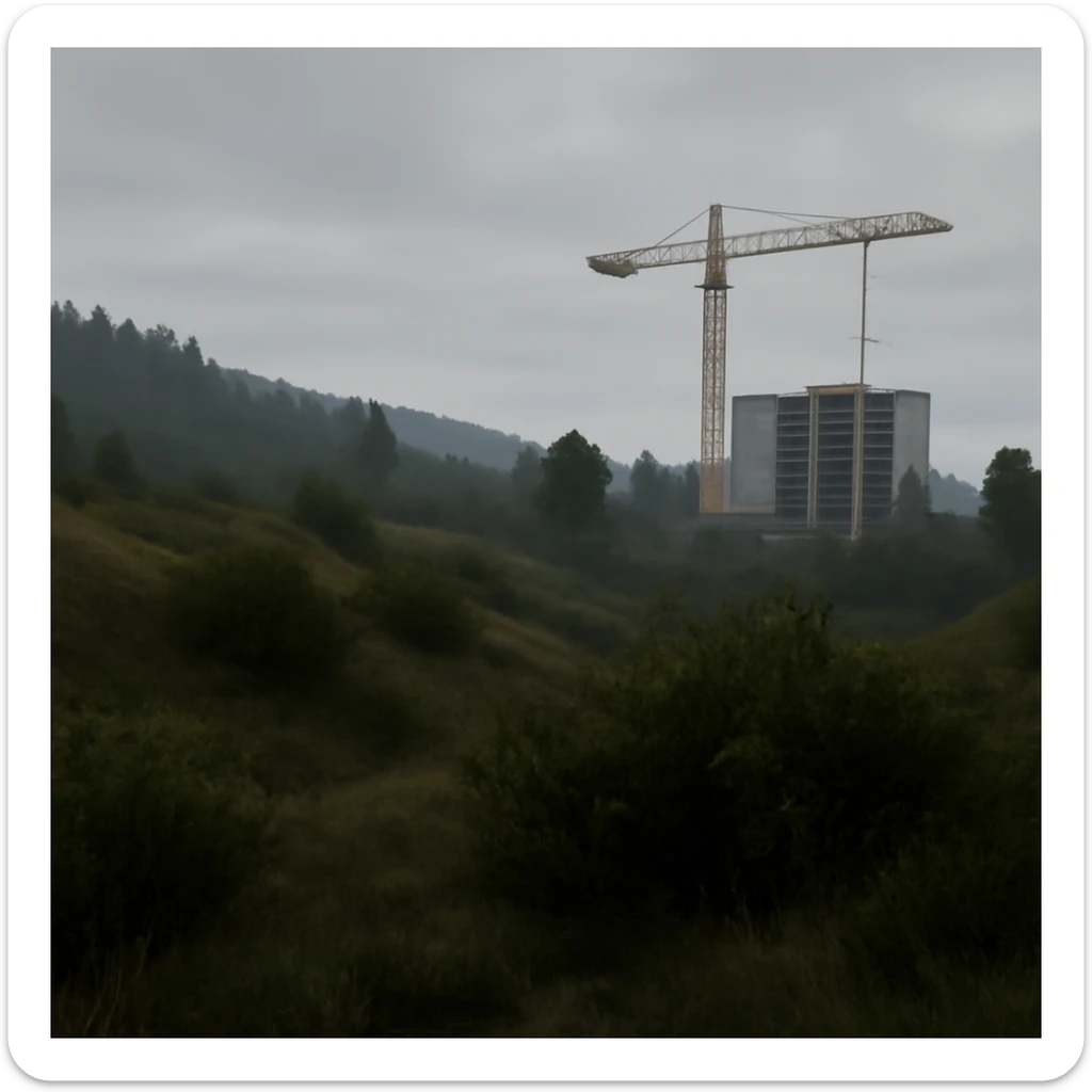  a scene amongst hills and bushes in the game DAYZ with a construction site and tall yellow crane in the background, screenshot, overcast day, videogame graphics, enfusion engine, arma 2 sticker