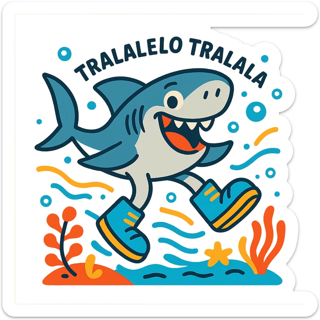 a whimsical shark named Tralalelo Tralala wearing bright blue shoes, sliding joyfully through the sea, playful cartoon style, vibrant colors, fun and energetic mood sticker