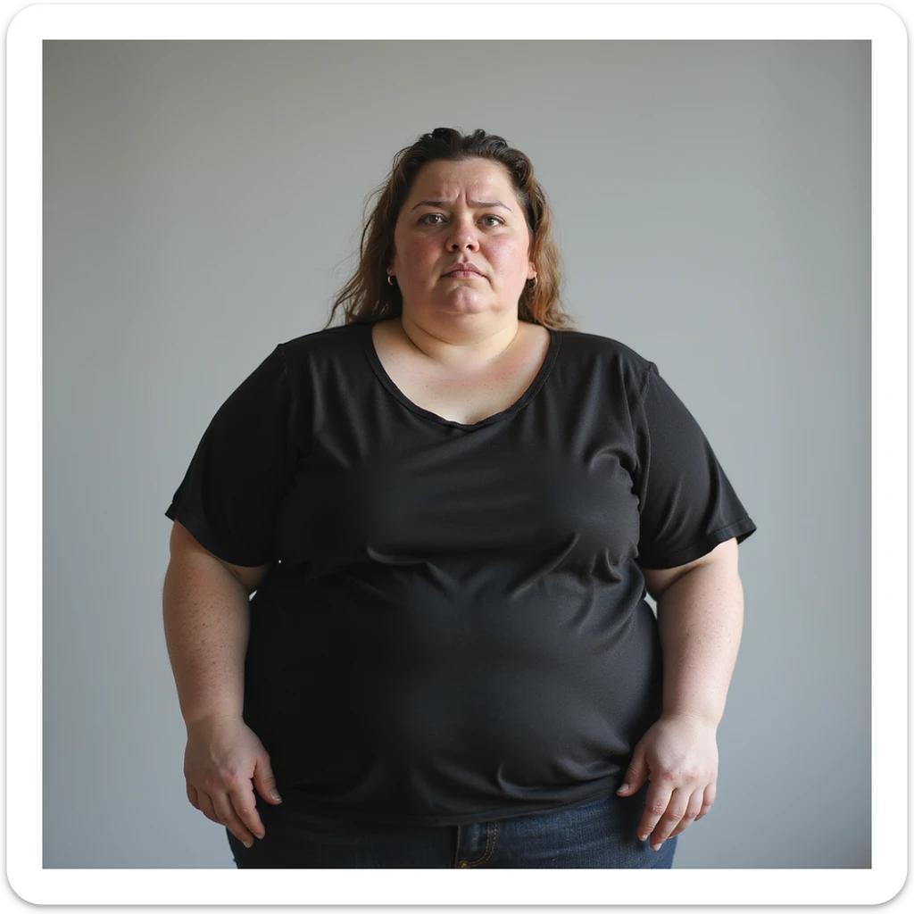 hyperrealistic 4K vertical 9:16 portrait of a fat woman standing with a worried or disappointed face, isolated white background sticker