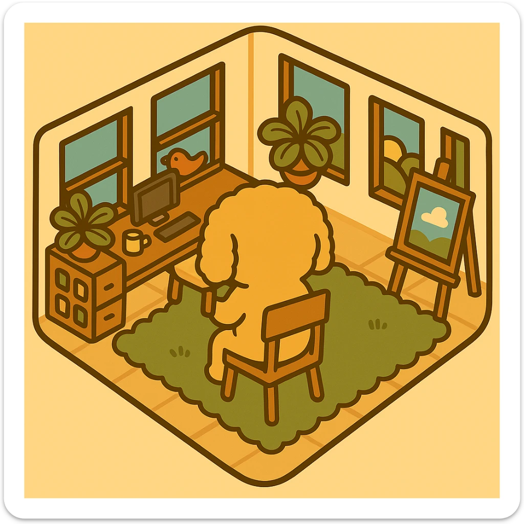 Reposition the dog to be sitting on the chair, facing away, using the computer on the desk, maintaining the original illustration style. sticker