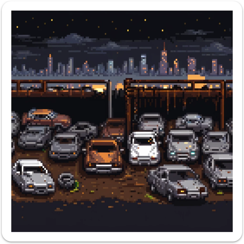 Pixel art junkyard at night, crushed cars, rusty metal, broken fence, flickering light, city lights far in the background, vertical 9:16 scene, side-view camera, retro arcade fighting stage
 sticker