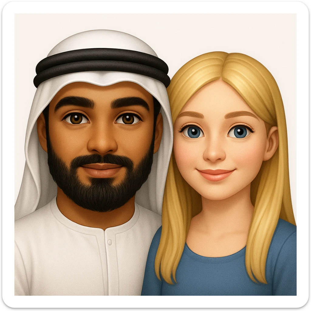 Сгенерируй мне в стиле детализированного емодзи пару, где мужчина с черной бородой и в арабском одеянии и чуть со смуглой кожей, а девушка чистая славянка, блондинка  sticker