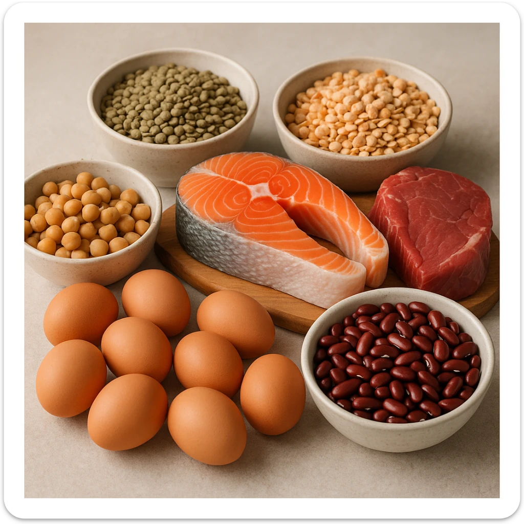 realistic photographic image of protein-rich foods including meat, fish, eggs, and legumes, natural details, neutral background sticker
