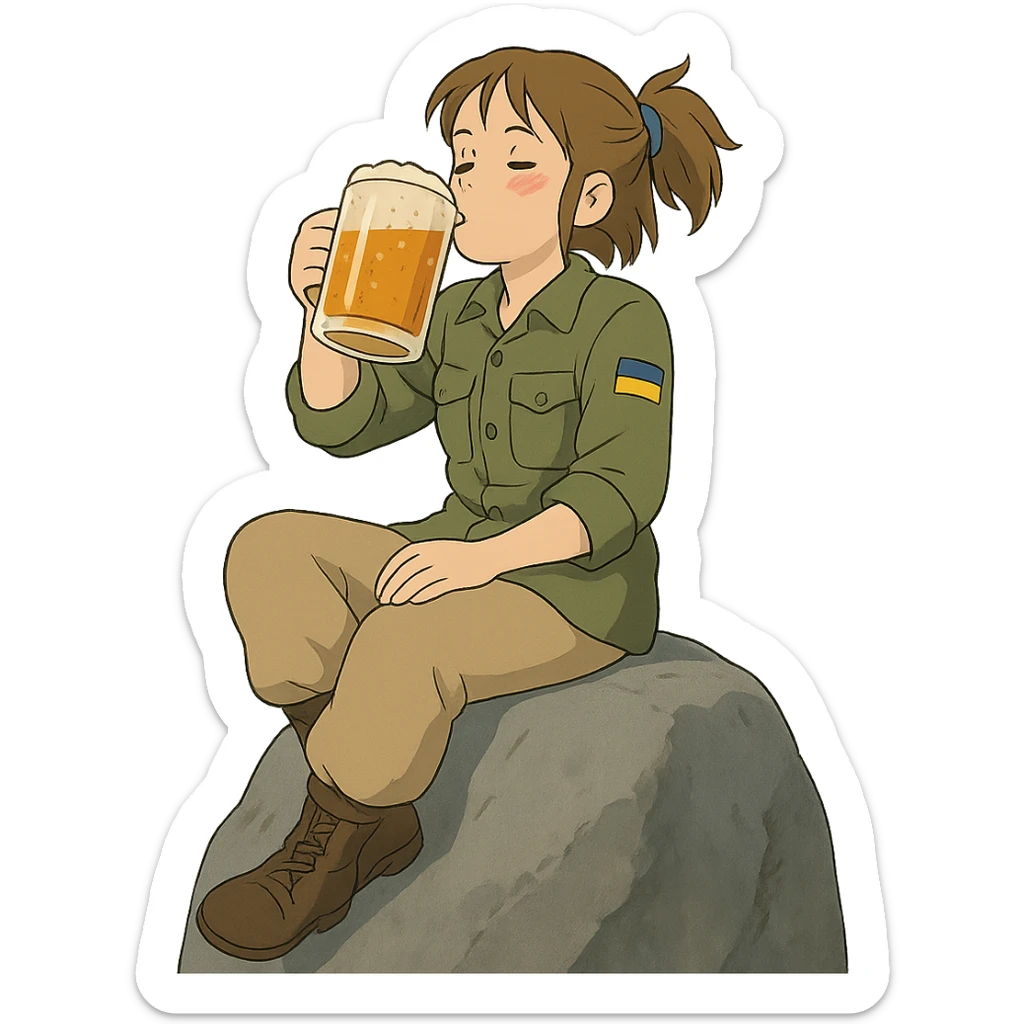Azov-chan drinking beer while sitting on a big rock sticker