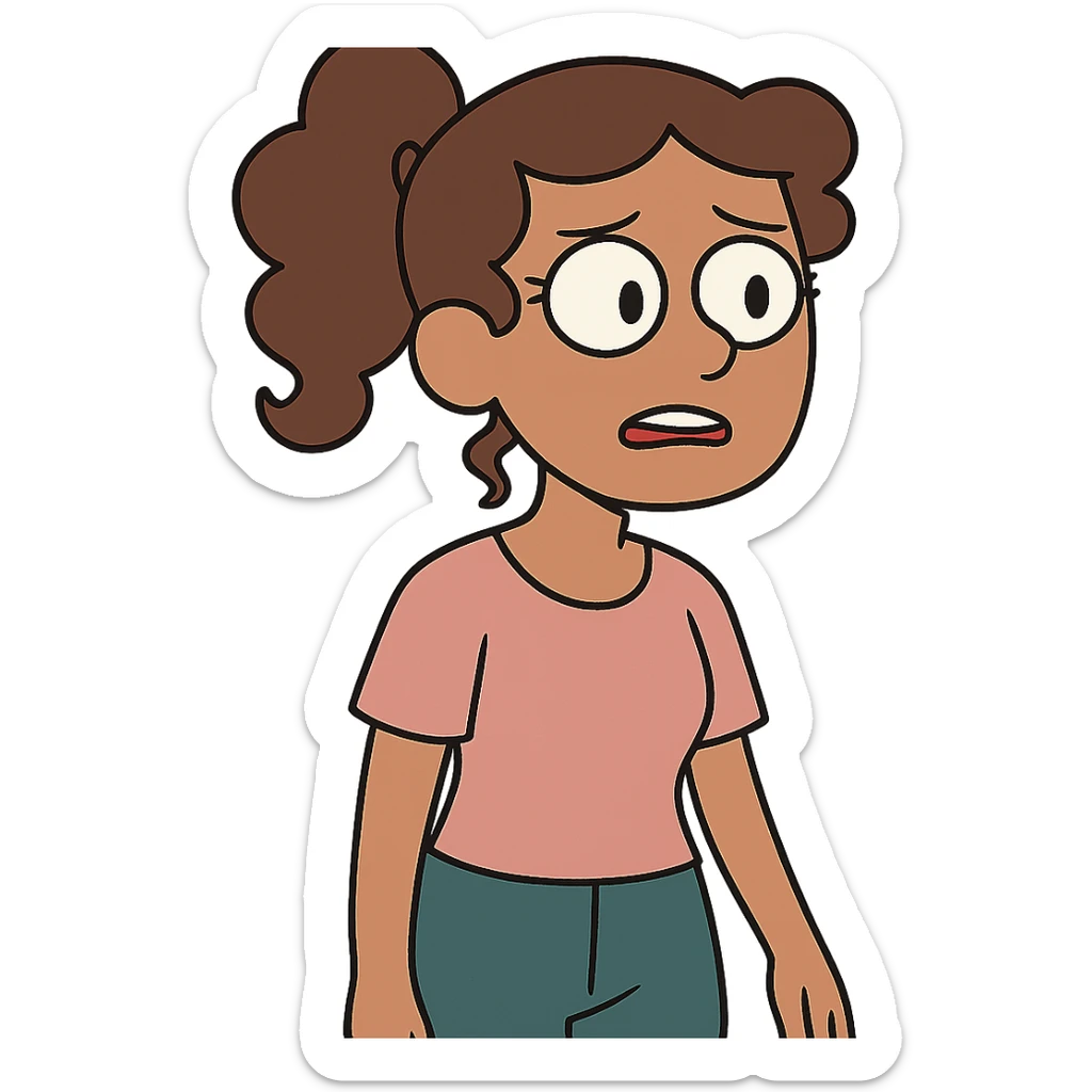 girl with brown curly hair in a ponytail, brown eyes, brown hair, flat toon style sticker